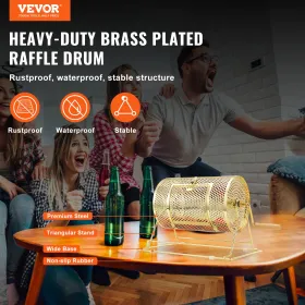 Raffle Drum, 11.6 x Ø7.48 inch Brass Plated Raffle Ticket Spinning Cage, Holds 2500 Tickets or 100 Ping Pong Balls, Metal Lotter
