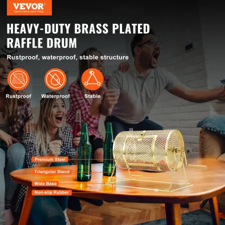 Raffle Drum, 11.6 x Ø7.48 inch Brass Plated Raffle Ticket Spinning Cage, Holds 2500 Tickets or 100 Ping Pong Balls, Metal Lotter