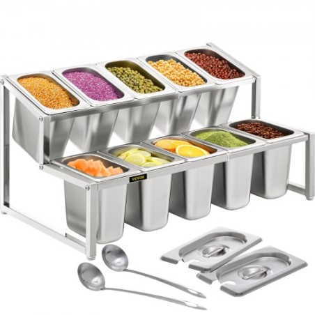 Expandable Spice Rack, 13.8"-23.6" Adjustable, 2-Tier Stainless Steel Organizer Shelf with 10 1/9 Pans 10 Ladles, Countertop "