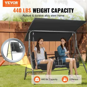 2-Seat Patio Swing Chair Outdoor Patio Swing with Adjustable Canopy Black