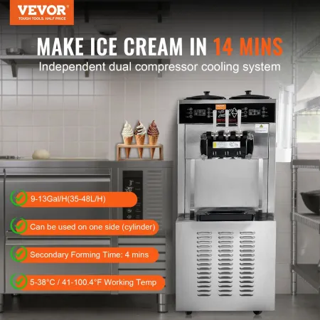 Commercial Ice Cream Machine, 34-44 L/H Yield, 1850W 3-Flavor Freestanding Soft Serve Ice Cream Maker, 2 x 9L Stainless Steel Ho
