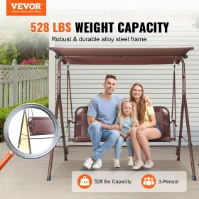 3-Person Patio Swing Chair, Outdoor Patio Swing with Adjustable Canopy, Porch Swing with Armrests, Teslin Fabric and Alloy