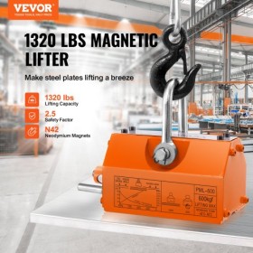 Magnetic Lifter, 1320 lbs/600kg Pulling Capacity, 2.5 Safety Factor, Neodymium & Steel, Lifting Magnet with Release, Permanent