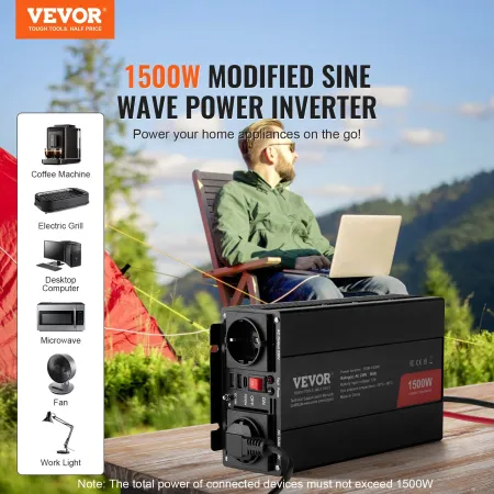 Modified Sine Wave Inverter, 1500W, DC 12V to AC 230V Power Inverter with 2 AC Outlets 2 USB Port 1 Type-C Port 6 Spare Fuses, f