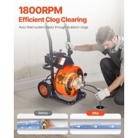 Drain Cleaner Machine Electric Drain Auger 50 FT x 3/8 In Auto Feed