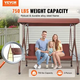 3-Seat Patio Swing Chair, Converting Canopy Swing, Outdoor Patio Porch with Adjustable Canopy, Removable Thick Cushion and