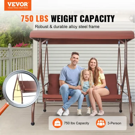 3-Seat Patio Swing Chair, Converting Canopy Swing, Outdoor Patio Porch with Adjustable Canopy, Removable Thick Cushion and Alloy