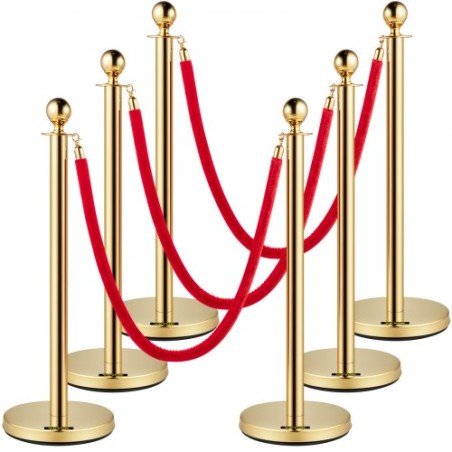 Velvet Ropes and Posts, 5 ft/1.5 m Red Rope, Stainless Steel Gold Stanchion with Ball Top, Red Crowd Control Barrier Used for