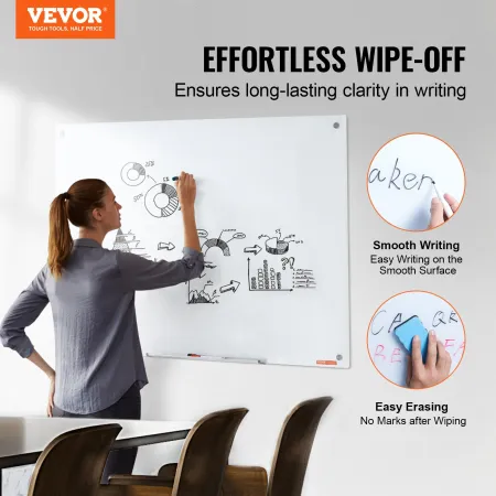 Magnetic Glass Whiteboard, Dry Erase Board 1200 x 800 mm, Wall-Mounted Large White Glassboard Frameless, with Marker Tray, an Er