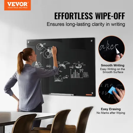 Magnetic Glass Whiteboard, Dry Erase Board 36"x24", Wall-Mounted Large White Glassboard Frameless, with Marker Tray, an Eraser a