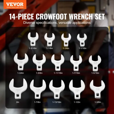 Crowfoot Wrench Set, 1/2" Drive 14-Piece SAE (1-1/16" - 2") Crows Foot Wrench Set with Storage Tray, 40CR Material with Laser Et