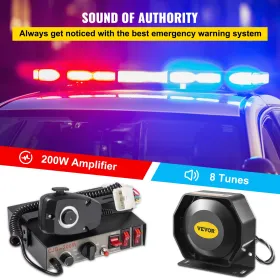 Siren Bundle 8 Toner Emergency Warent Siren, 200W, med PA Speaker Mic System Vehicle Siren Box Fit for Police, Ambulance,
