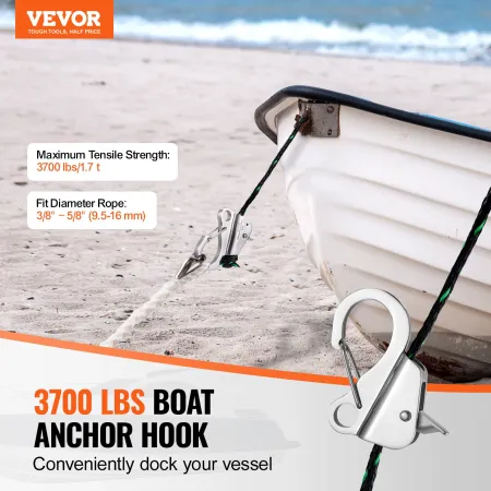 Boat Anchor Hook, 304 Stainless Steel Slide Anchor, Knotless Anchor System with Quick Release, Boat Anchor Hook Clips for 3/8" -