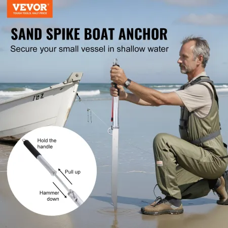 Sand Spike Boat Anchor Pole, 36" Galvanized Carbon Steel Slide Anchor Shore Spike, Self-Hammering Beach Spike Anchor for Small B