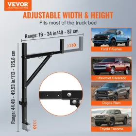 Truck Rack, 19-34inch Extendable Truck Ladder Rack, 38.6"-43.6" Adjustable Height, 250 lbs Capacity Steel Ladder Rack for