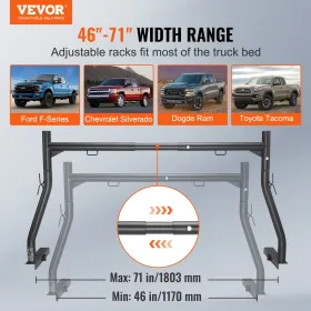 Truck Rack, 46-71inch Extendable Truck Ladder Rack, 800 lbs Capacity Steel Ladder Rack for Truck with Non-Drilling J-bolts,