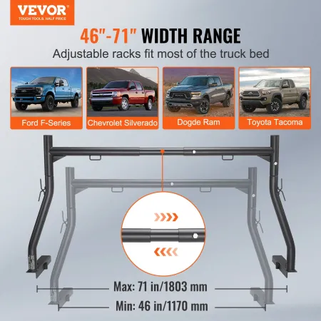 Truck Rack, 46-71inch Extendable Truck Ladder Rack, 800 lbs Capacity Steel Ladder Rack for Truck with Non-Drilling J-bolts, Heav