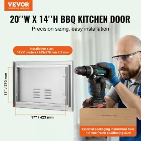 BBQ Access Door, 508x356 mm Single Outdoor Kitchen Door, Stainless Steel Flush Mount Door, Wall Vertical Door with Handle and
