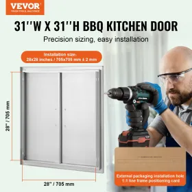 BBQ Access Door, 790x790 mm dobbelt udendørs køkkendør, rustfrit stål flush mount dør, væg lodret dør med håndtag, til