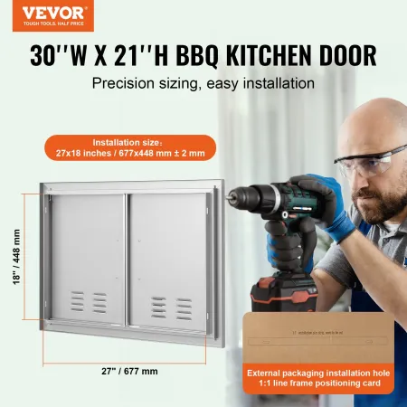 BBQ Access Door, 762x533 mm Double Outdoor Kitchen Door, Stainless Steel Flush Mount Door, Wall Vertical Door with Handles and