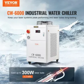Industrial Water Chiller, CW6000, 1500W Industrial Water Cooler Cooling System with Compressor 15L Water Tank Capacity 65 L/min 