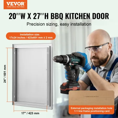 BBQ Access Door, 508x686 mm Single Outdoor Kitchen Door, Stainless Steel Flush Mount Door, Wall Vertical Door with Handle, for