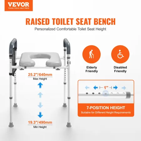 Raised Toilet Seat, 7-Position Height Adjustment 490 - 640 mm, 158.7 kg Weight Capacity, with Comfort Padded Aluminum Frame, Uni
