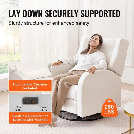 Electronic Power Recliner and Swivel Glider, 113.4 kg Weight Capacity Swivel Glider Recliner Chair with Adjustable Angle, Polyes