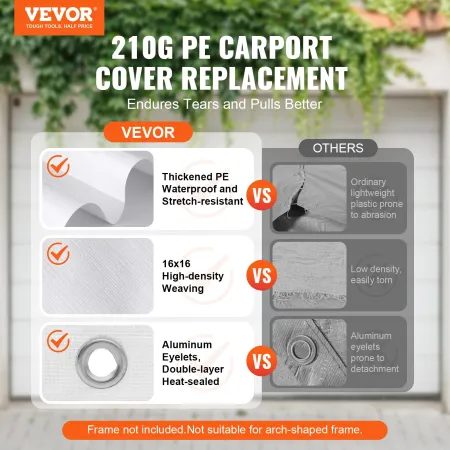 10 x 20 ft Carport Replacement Canopy Cover, Garage Top Tent Shelter Tarp Heavy-Duty Waterproof & UV Protected, Easy Installatio