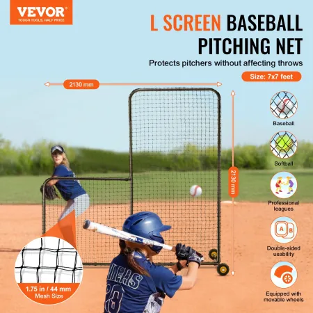 L Screen Baseball for Batting Cage, 7x7 ft Softball Safety Screen, Body Protector Portable Batting Screen with Carry Bag, Wheels