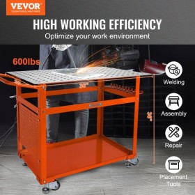 Welding Table 36'' x 24'', 600lbs Load Capacity Steel Welding Workbench Table on Wheels, Portable Work Bench with Double-layer