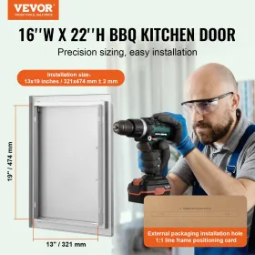 BBQ Access Door, 407x559 mm Single Outdoor Kitchen Door, Stainless Steel Flush Mount Door, Wall Vertical Door with Handle, for