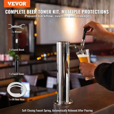 Single Faucet Draft Beer Tower Dispenser, Stainless Steel Keg Beer Tower, Kegerator Tower Kit with Pre-Assembled Tubing and Self