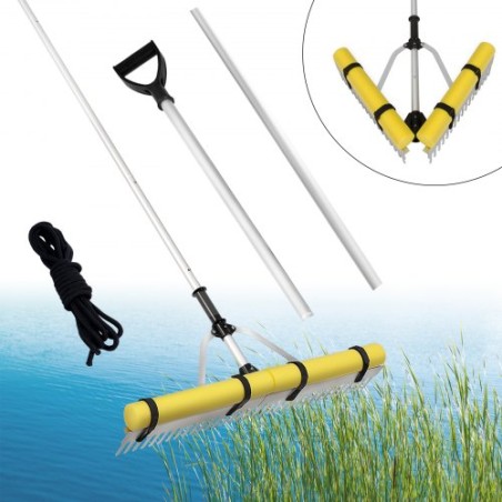 Landscape Rake, 915mm Head Aluminum Landscape Rake, Lake Weed Rake with 2600mm Adjustable Extension Handle, Rope and Float, for