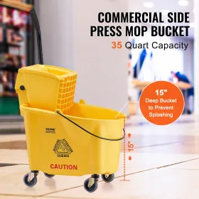 Mop Bucket with Wringer, 35 Qt. Commercial Mop Bucket with Side Press Wringer, Side-Press Mop Bucket and Wringer Combo on Wheels