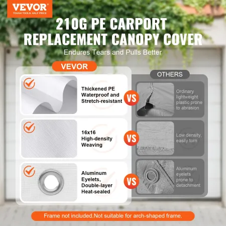 Carport Replacement Canopy Cover 6100 x 3040 mm, Garage Top Tent Shelter Tarp Heavy-Duty Waterproof & UV Protected, Easy Install