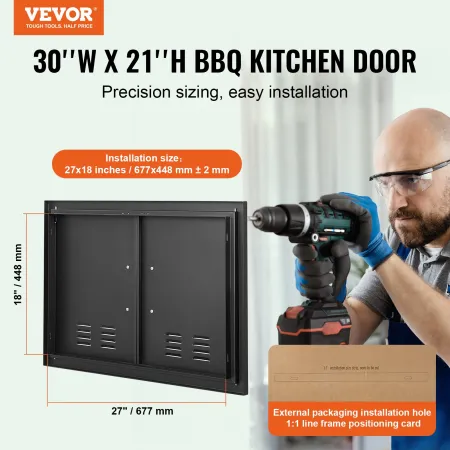BBQ Access Door, 762x533 mm Double Outdoor Kitchen Door, Cold Plate Flush Mount Door, Wall Vertical Door with Handles and Ventss
