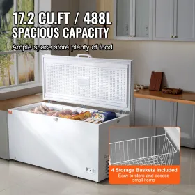 Chest Freezer 17.2 cu.ft / 488 L Large Deep Freezer & 4 Removable Baskets