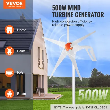 500W Wind Turbine Generator, 12V Wind Turbine Kit, 5-Blade Wind Power Generator with MPPT Controller, Adjustable Windward Direct