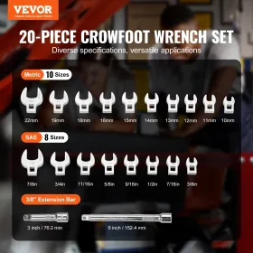 Crowfoot Wrench-sæt, 3/8 "Drive 20-delt krager Fodskrugesæt med