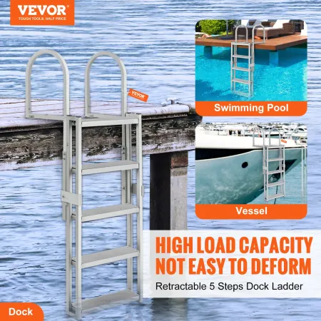 Dock Ladder, Retractable 5 Steps, 350 lbs Load Capacity, Aluminum Alloy Pontoon Boat Ladder with 66.9''-78.9'' Adjustable Height