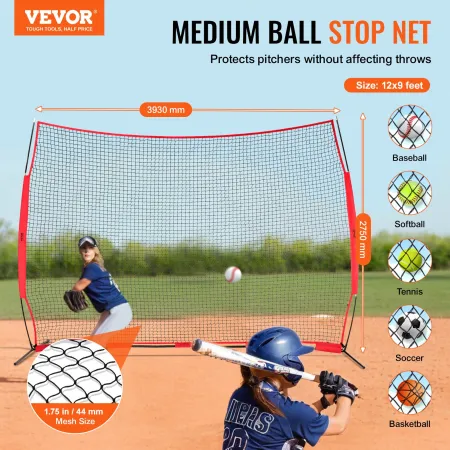 Barricade Backstop Net, 12x9 ft Ball Sports Barrier Netting, Portable Practice Equipment with Carry Bag, Protection Screen for B