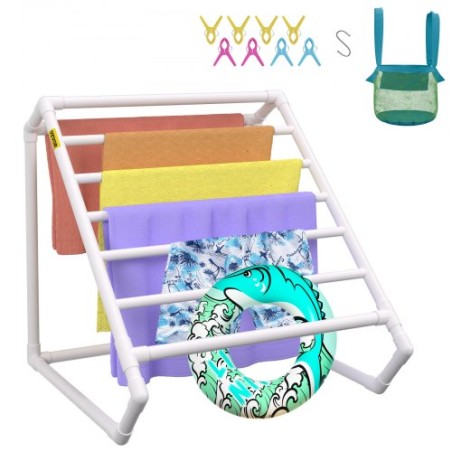 Pool Towel Rack, 8 Bar, White, Freestanding Outdoor PVC Triangular Poolside Storage Organizer, Include 8 Towel Clips, Mesh Bag,