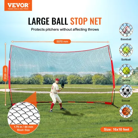 Barricade Backstop Net, 16x10 ft Ball Sports Barrier Netting, Portable Practice Equipment with Carry Bag, Protection Screen for 