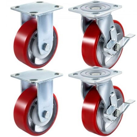 4 Pack 6 x 2 tommer Caster Wheels 2 Stive og 2 drejelige hjul med sidebremsepolyurethan Iron Core Plate 1000 kg kapacitet pr.