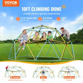 Climbing Dome, 10FT Geometric Dome Climber with Hammock and Swing, for Kids 3 to 10 Years Old, Jungle Gym Supports 750LBS and Ea