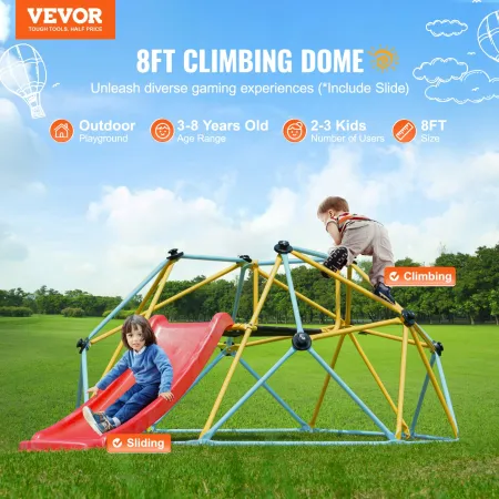 Climbing Dome, 8FT Geometric Dome Climber with Slide, for Kids 3 to 9 Years Old, Jungle Gym Supports 600LBS and Easy Assembly, w