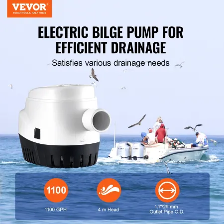 Bilge Pump, 1100GPH 12V Automatic Submersible Boat Bilge Water Pump with Float Switch, 29 mm Outlet Diameter, Small Boat Bilge P