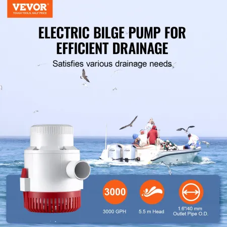 Bilge Pump, 3000GPH 12V Automatic Submersible Boat Bilge Water Pump with Float Switch, 1.6" Outlet Diameter, Small Boat Bilge Pu