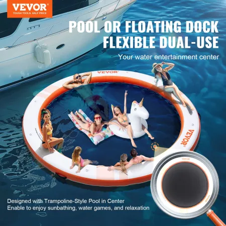 Inflatable Floating Dock, ø10FT Inflatable Dock Platform with ø8FT Trampoline Mesh Pool, Non-Slip Floating Platform Water Mat wi